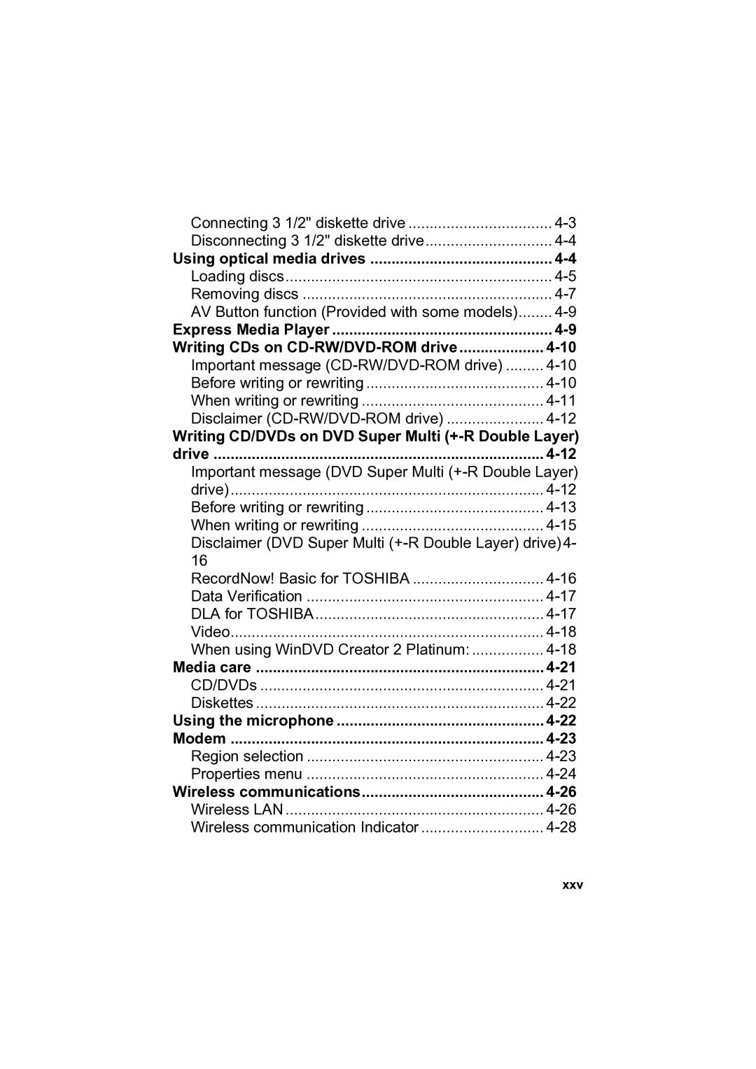Toshiba A100 user manual Express Media Player Writing CDs on CD-RW/DVD-ROM drive, Xxv 