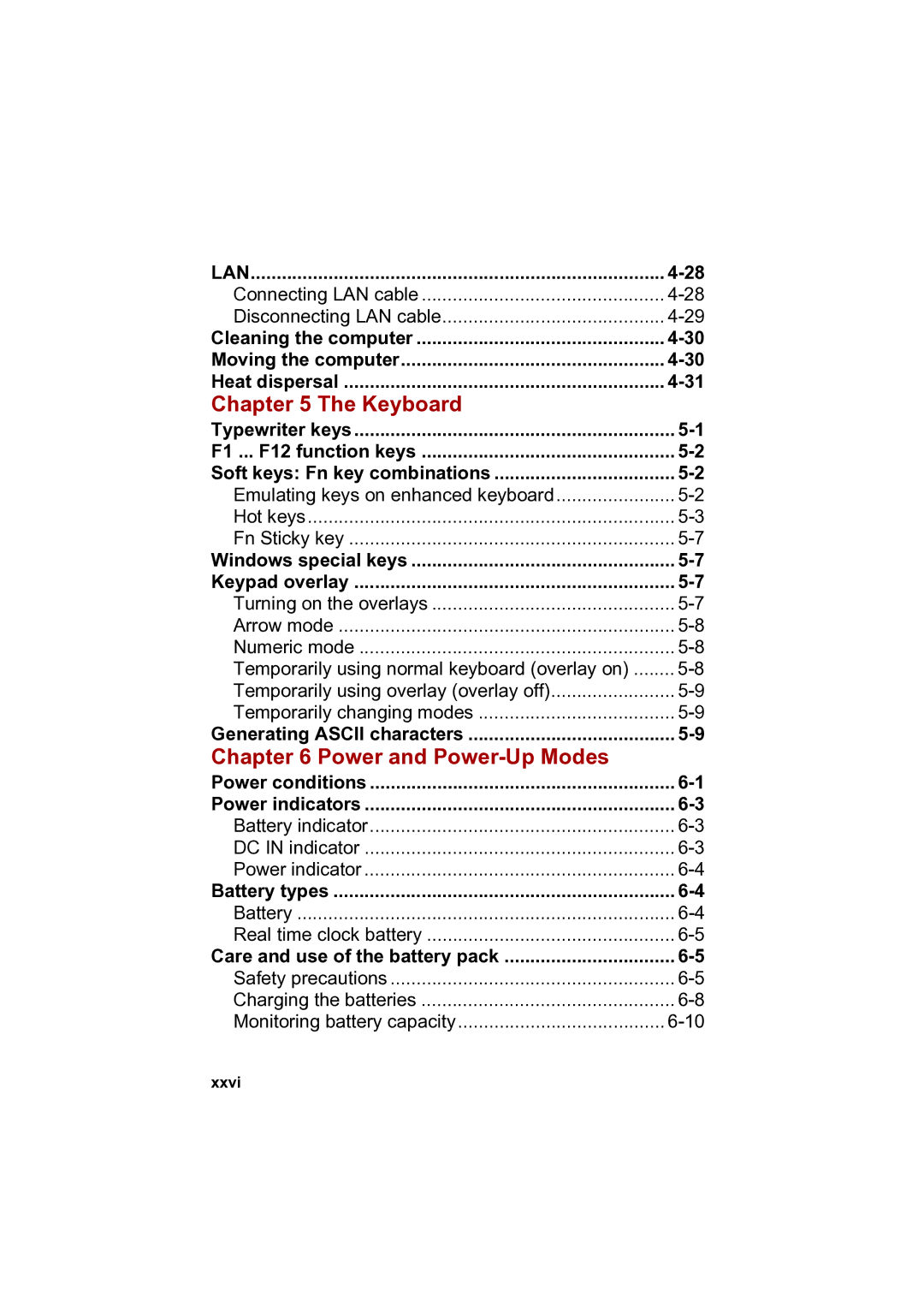 Toshiba A100 user manual Keyboard, Power and Power-Up Modes, Xxvi 