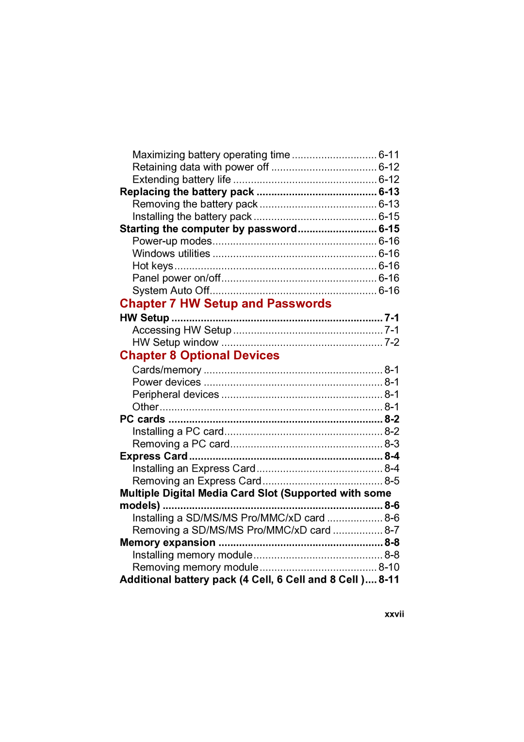 Toshiba A100 user manual HW Setup and Passwords, Optional Devices, Xxvii 