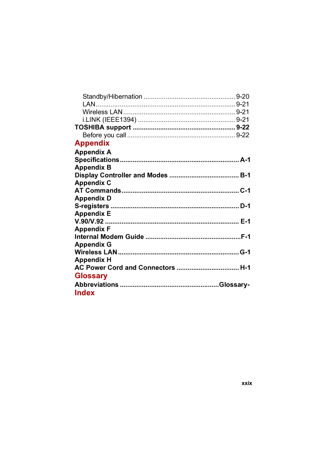 Toshiba A100 user manual Appendix, Glossary, Index 