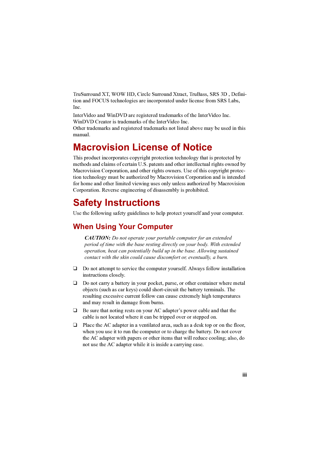 Toshiba A100 user manual Macrovision License of Notice, Safety Instructions, When Using Your Computer, Iii 