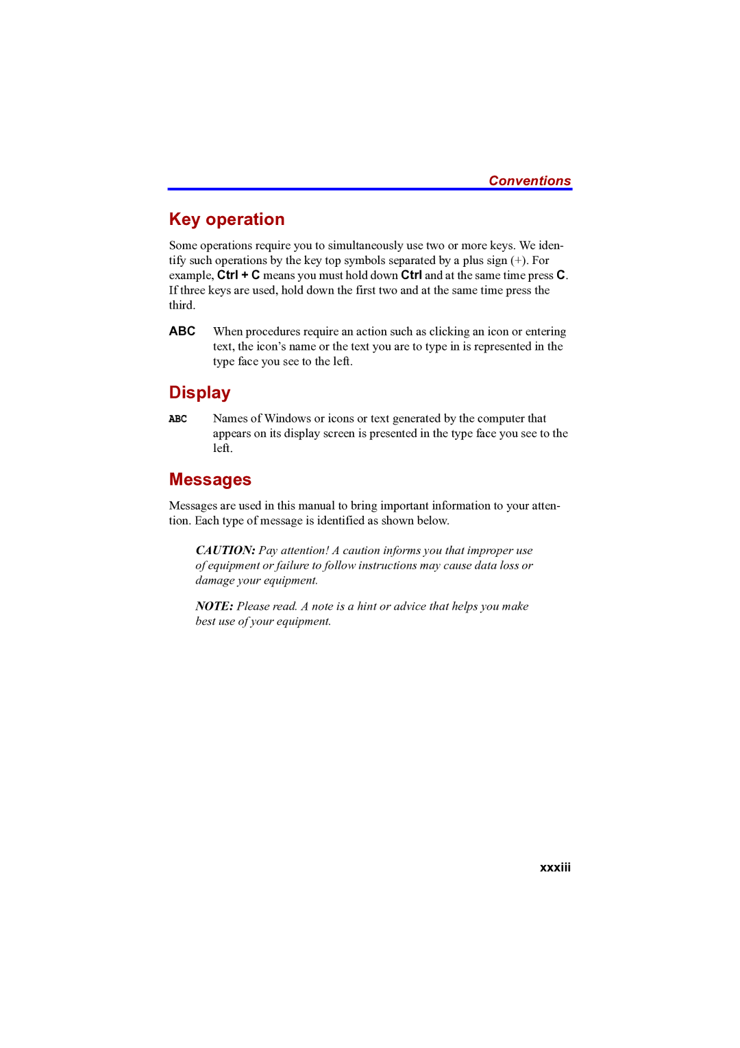 Toshiba A100 user manual Key operation, Display, Messages, Conventions, Xxxiii 