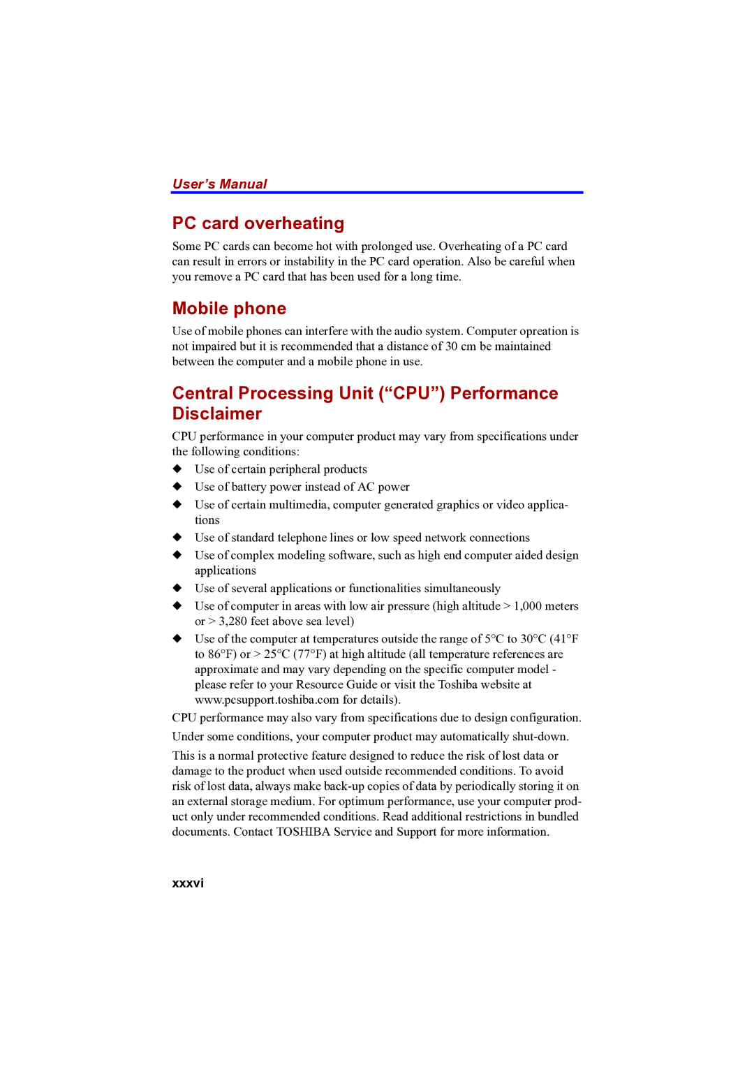 Toshiba A100 user manual PC card overheating, Mobile phone, Central Processing Unit CPU Performance Disclaimer, Xxxvi 