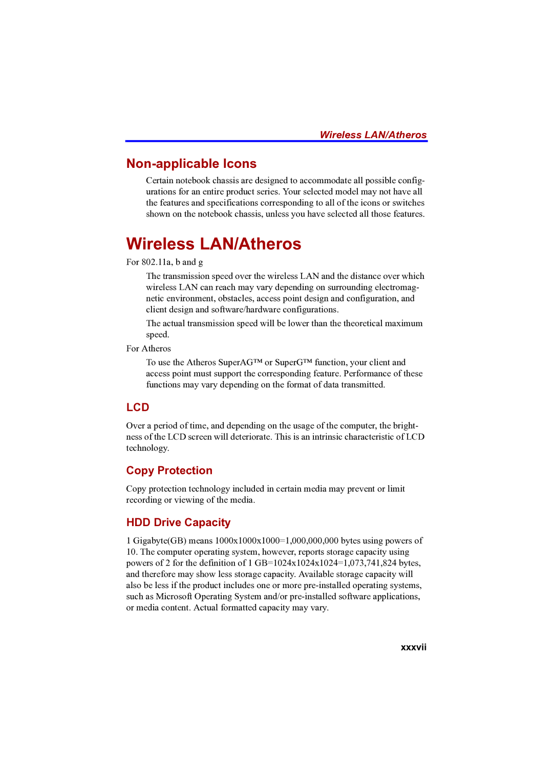 Toshiba A100 user manual Wireless LAN/Atheros, Non-applicable Icons, Copy Protection, HDD Drive Capacity 