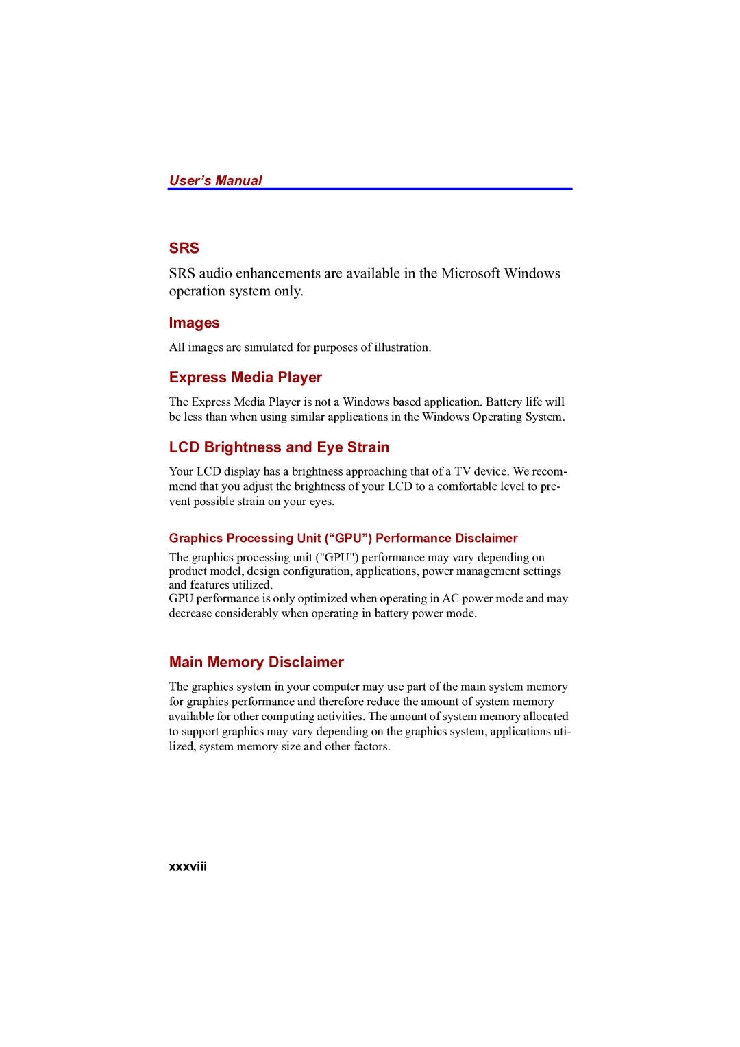 Toshiba A100 user manual Images, Express Media Player, LCD Brightness and Eye Strain, Main Memory Disclaimer, Xxxviii 