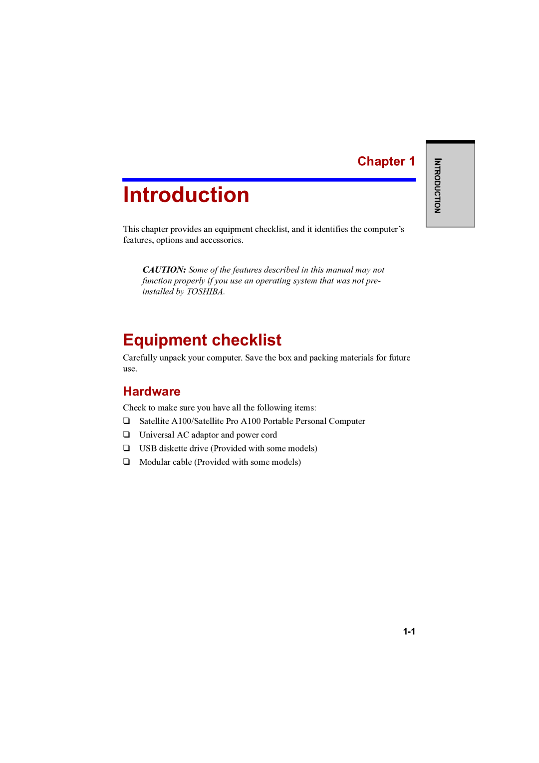 Toshiba A100 user manual Introduction, Equipment checklist, Chapter, Hardware 