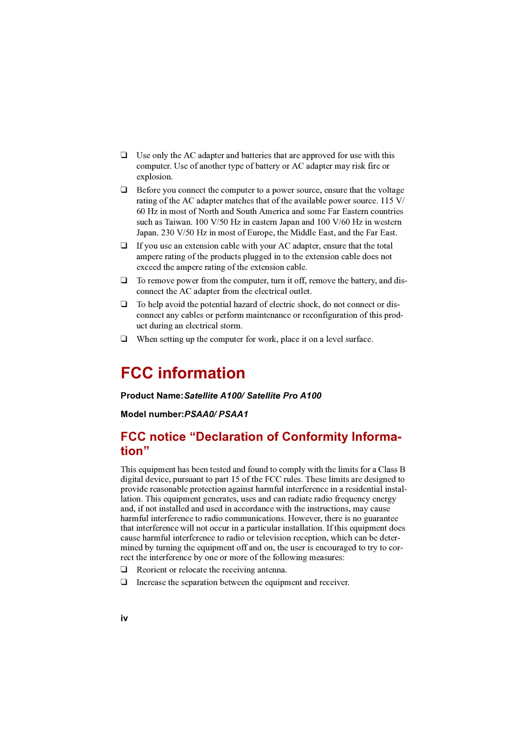 Toshiba A100 user manual FCC information, FCC notice Declaration of Conformity Informa- tion, Model numberPSAA0/ PSAA1 