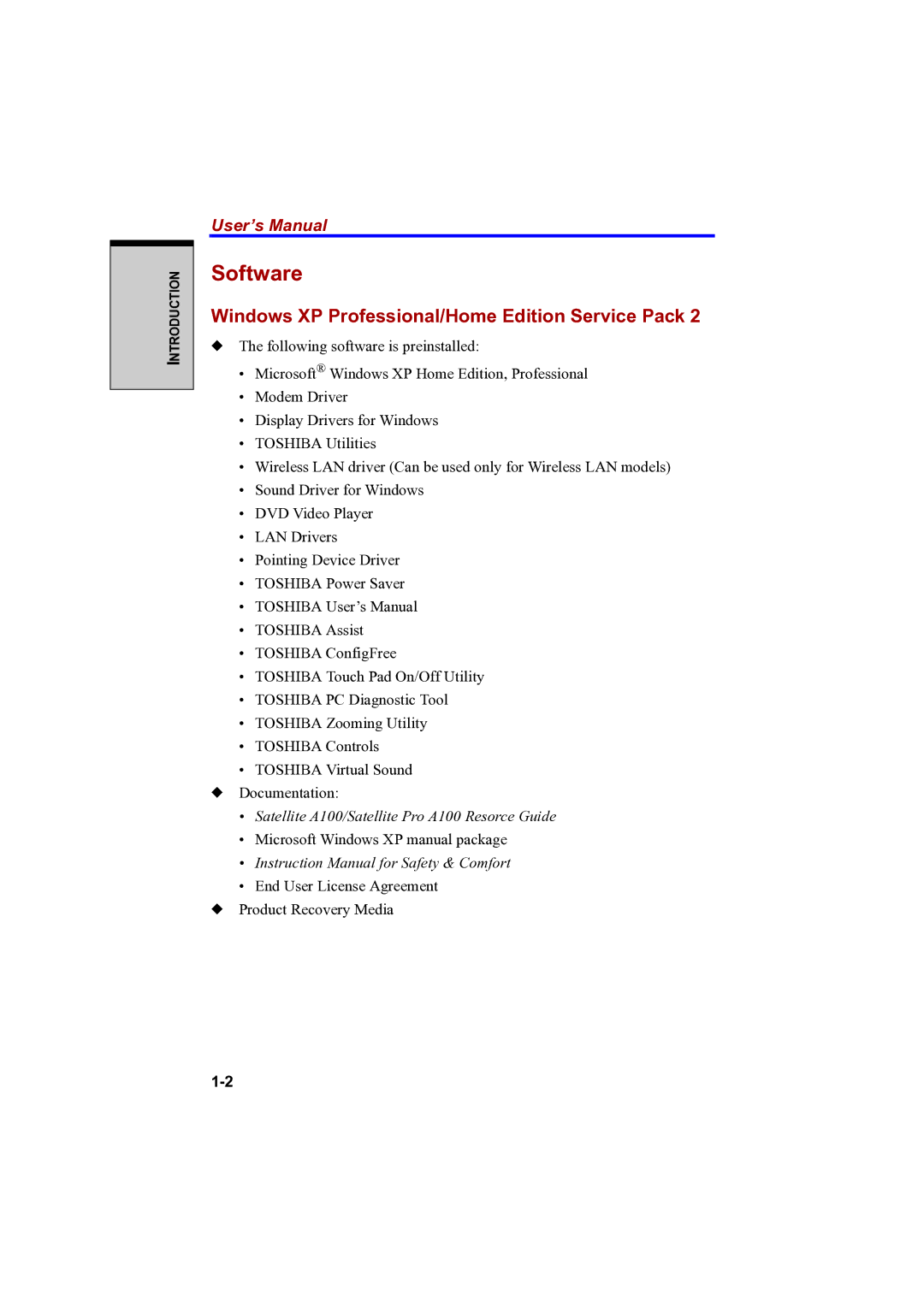 Toshiba A100 user manual Software, Windows XP Professional/Home Edition Service Pack 