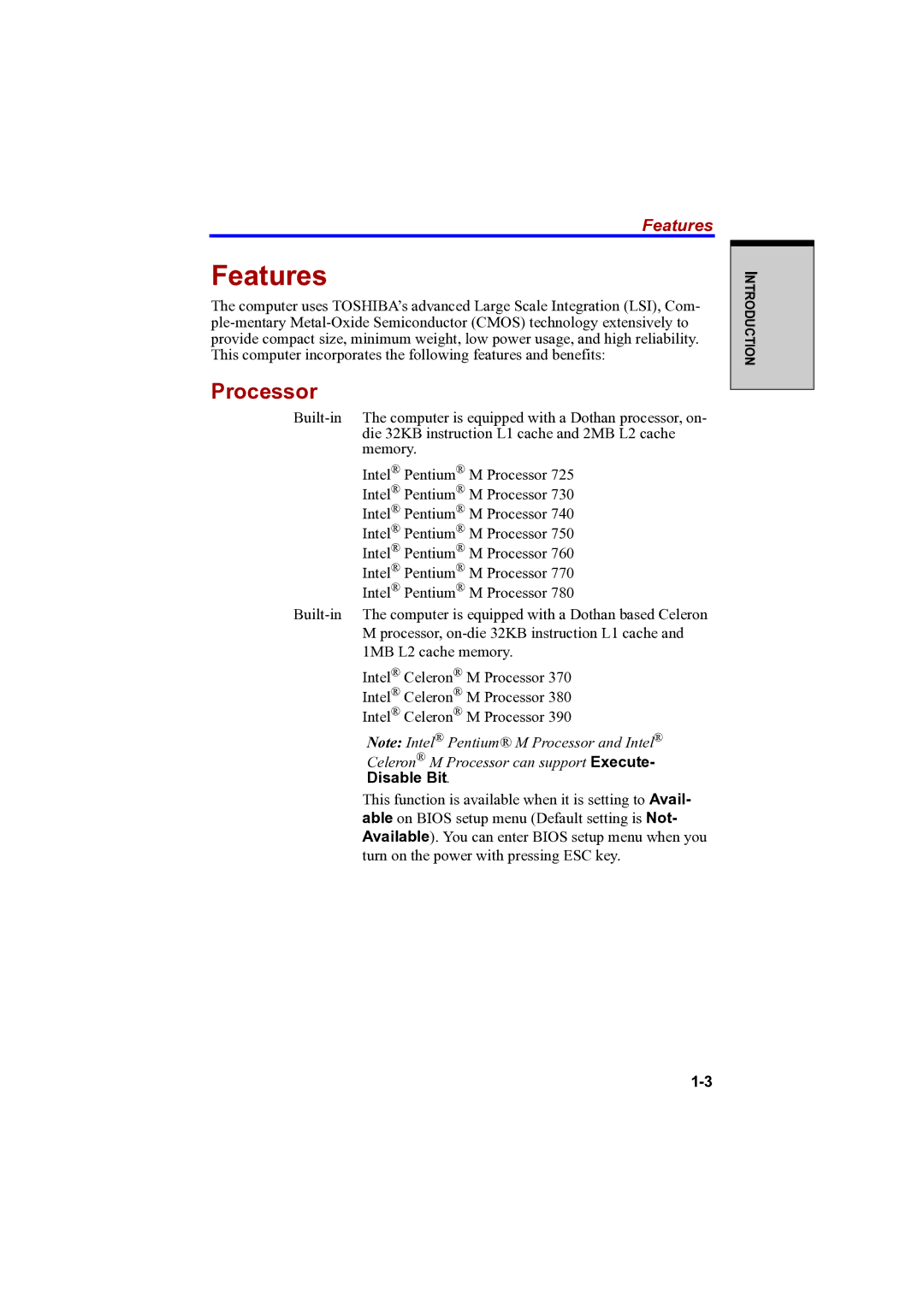 Toshiba A100 user manual Features, Processor, Disable Bit 