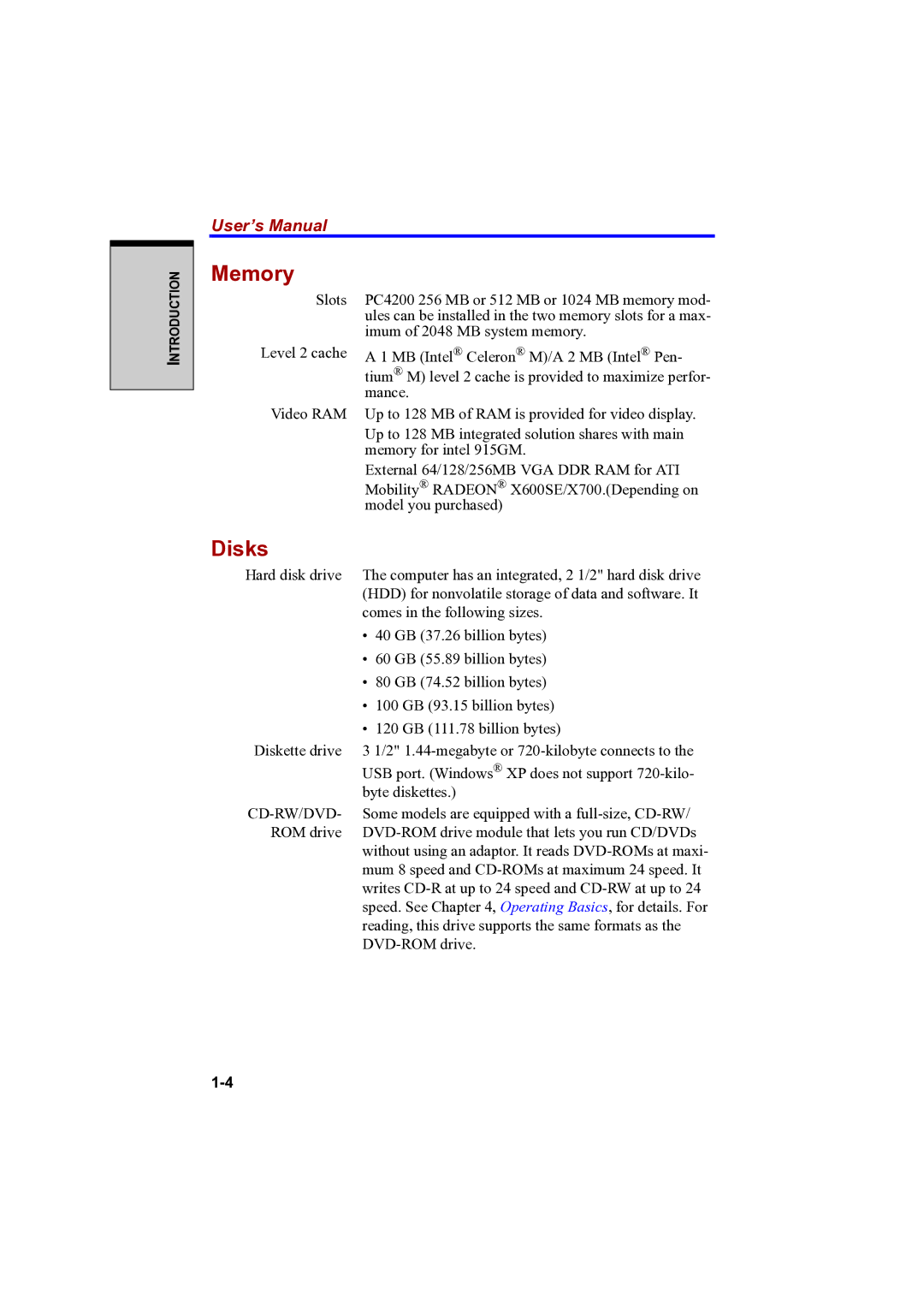 Toshiba A100 user manual Memory, Disks 