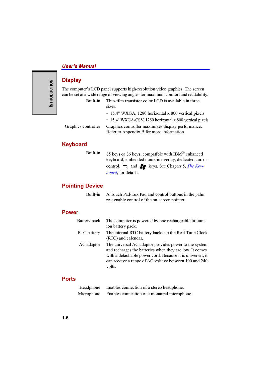 Toshiba A100 user manual Display, Keyboard, Pointing Device, Power, Ports 