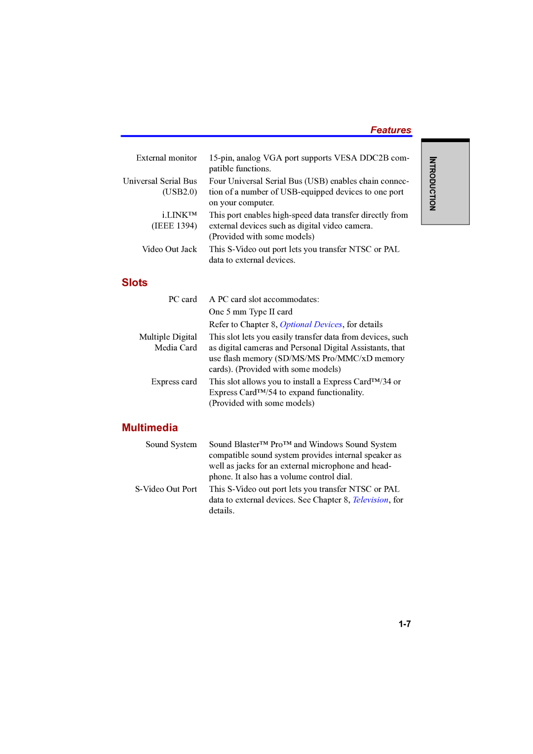 Toshiba A100 user manual Slots, Multimedia 