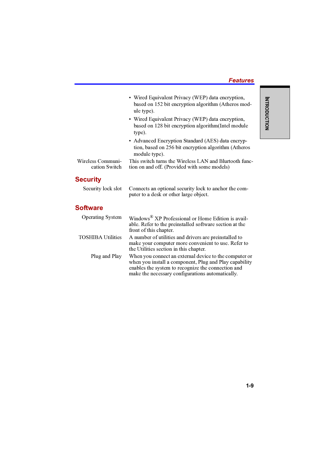 Toshiba A100 user manual Security, Software 