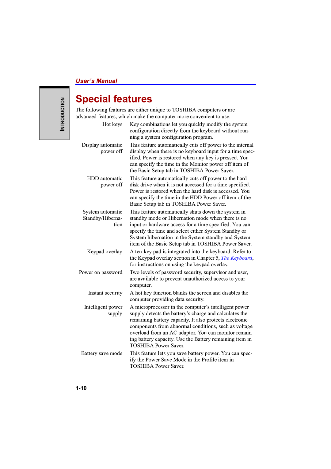 Toshiba A100 user manual Special features 