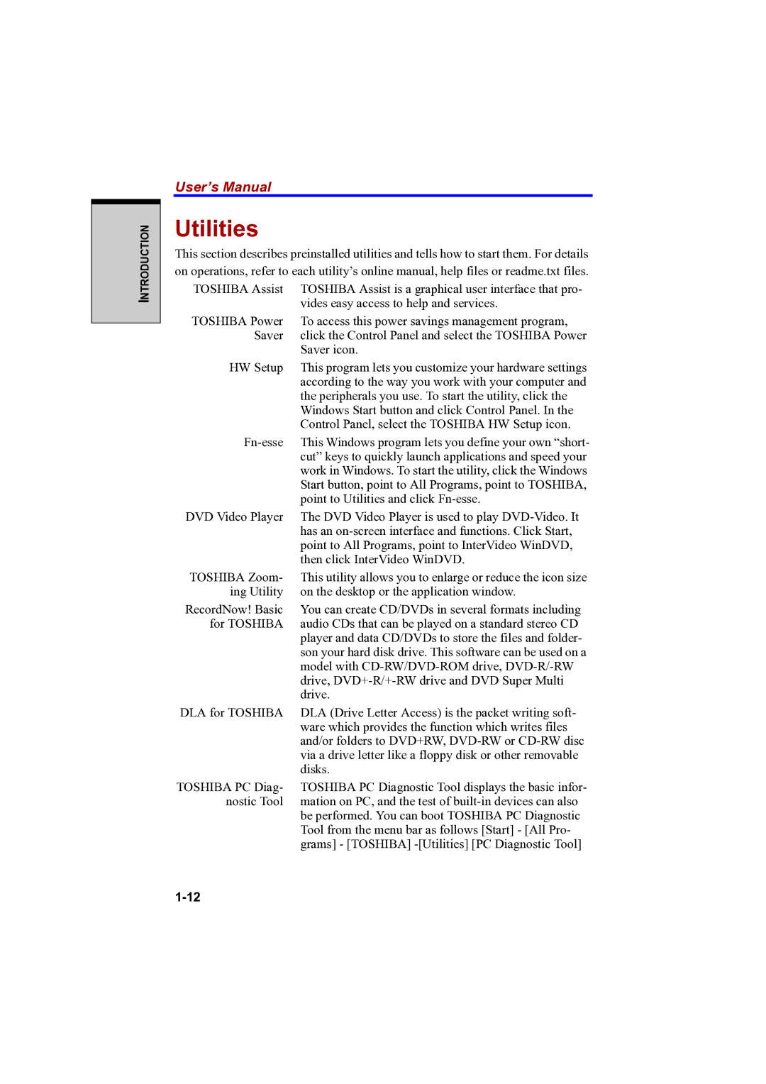 Toshiba A100 user manual Utilities 