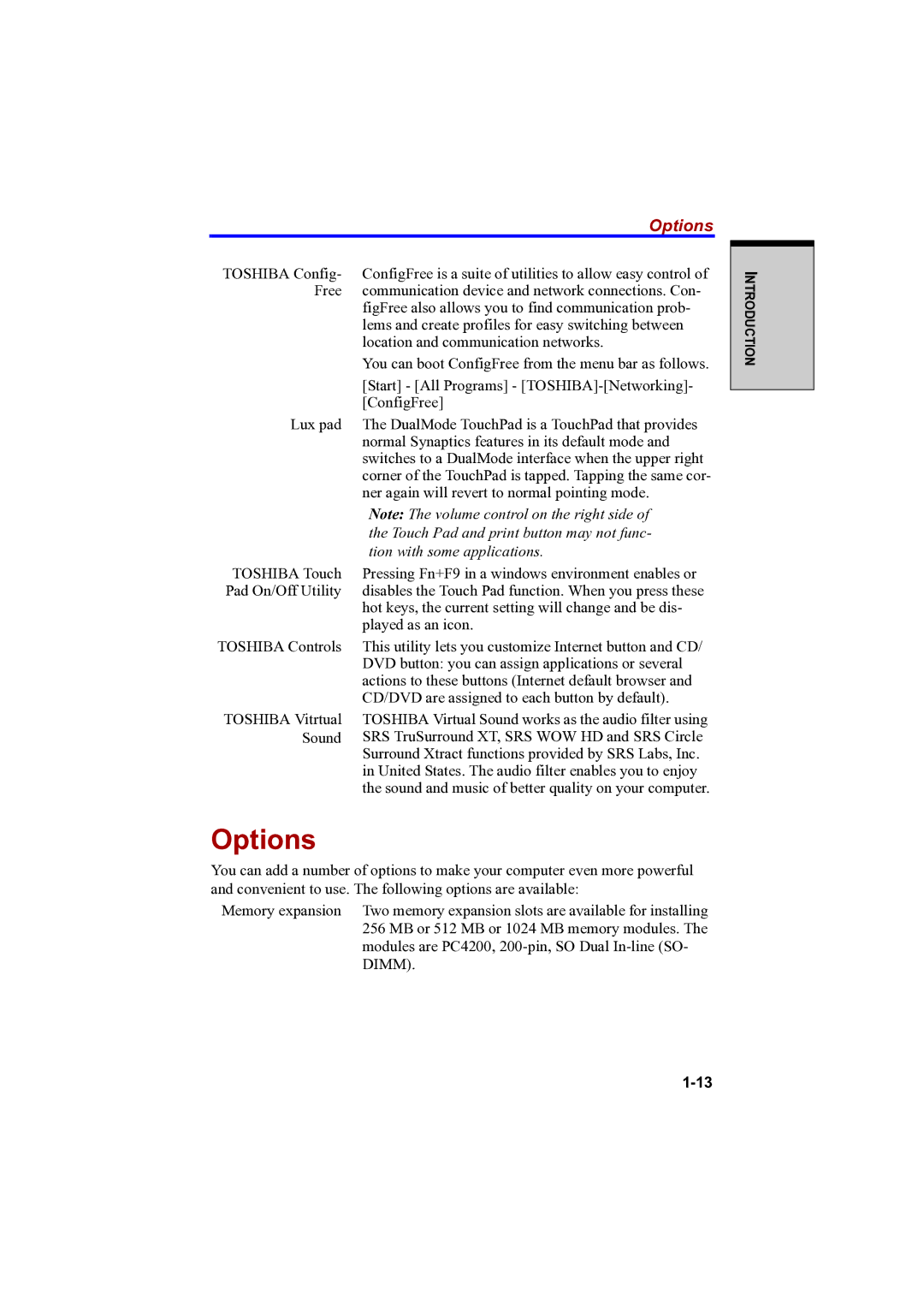 Toshiba A100 user manual Options 