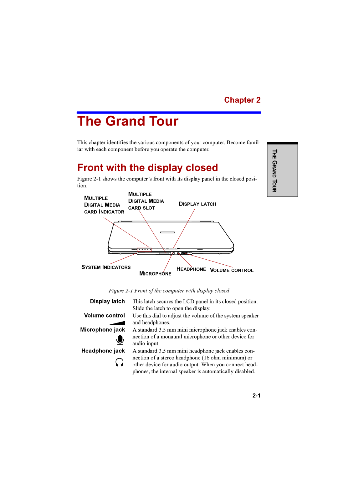 Toshiba A100 user manual Grand Tour, Front with the display closed 