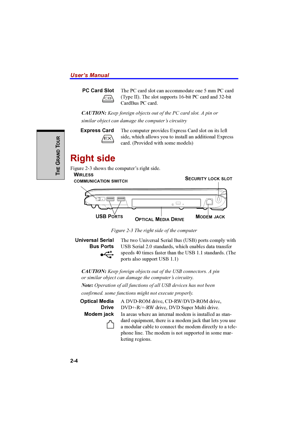 Toshiba A100 user manual Right side, USB P Orts 