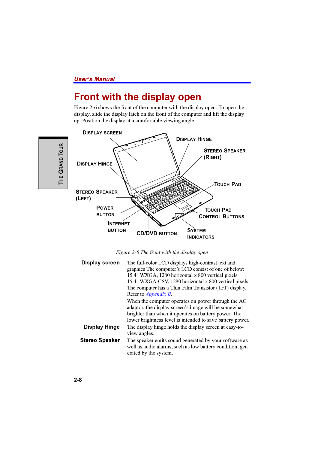 Toshiba A100 user manual Front with the display open, CD/DVD Button 