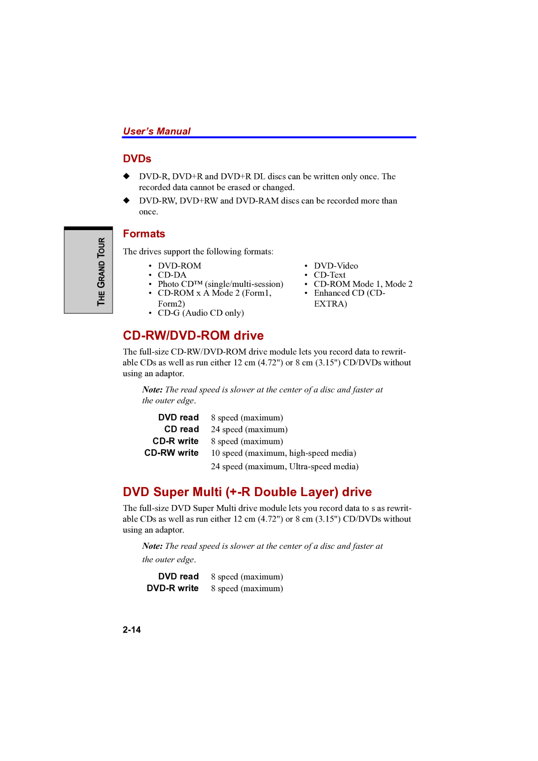 Toshiba A100 user manual CD-RW/DVD-ROM drive, DVD Super Multi +-R Double Layer drive, DVDs, Formats 