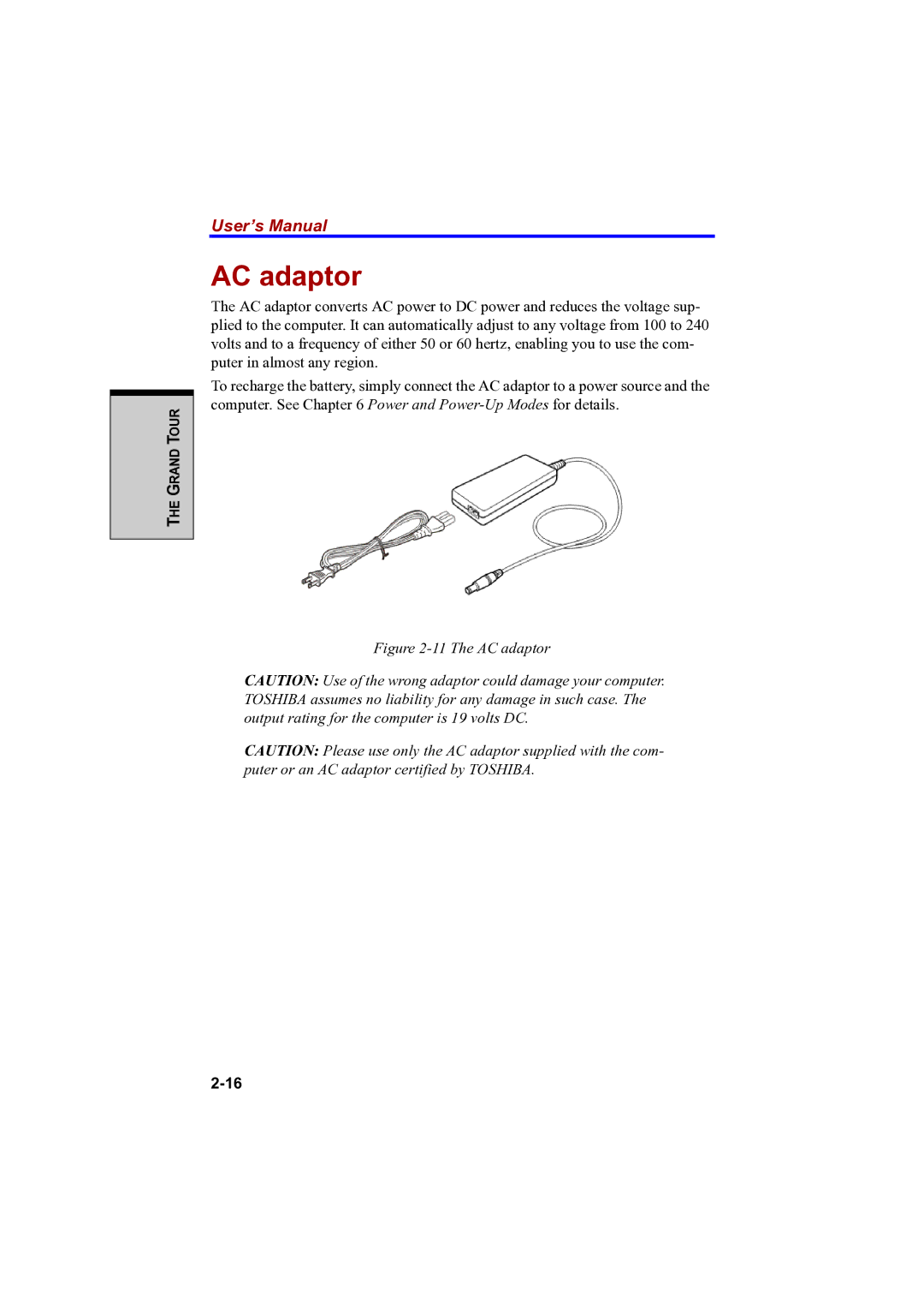 Toshiba A100 user manual The AC adaptor 