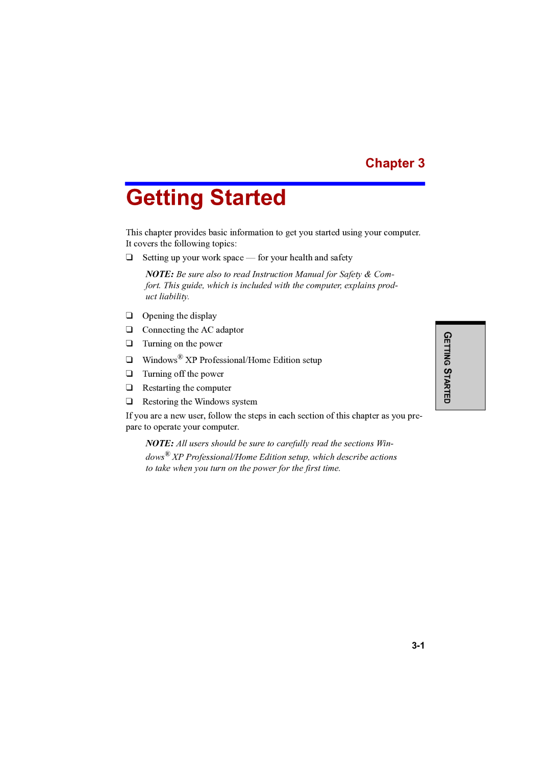 Toshiba A100 user manual Getting Started, Chapter 