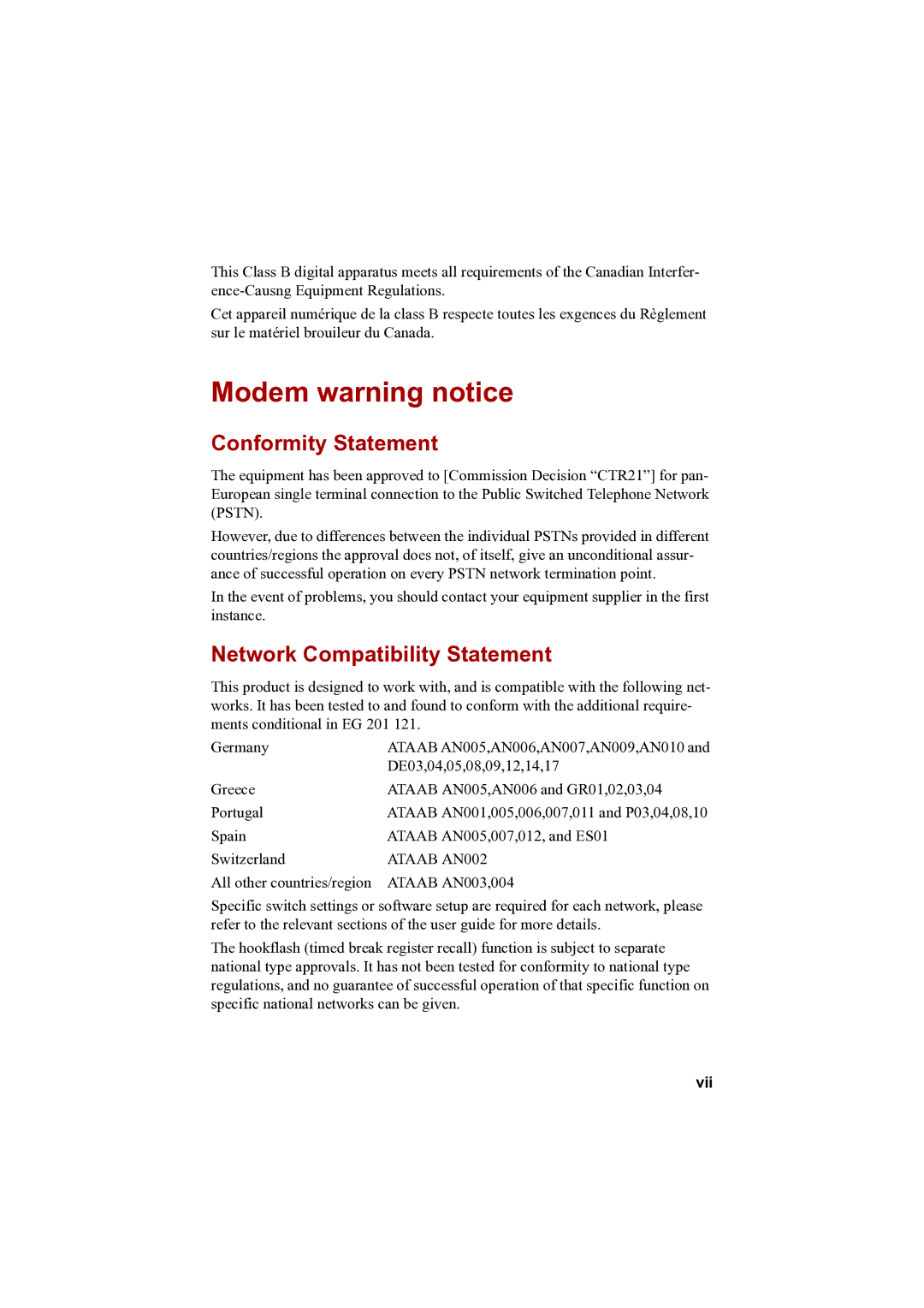 Toshiba A100 user manual Modem warning notice, Conformity Statement, Network Compatibility Statement, Vii 