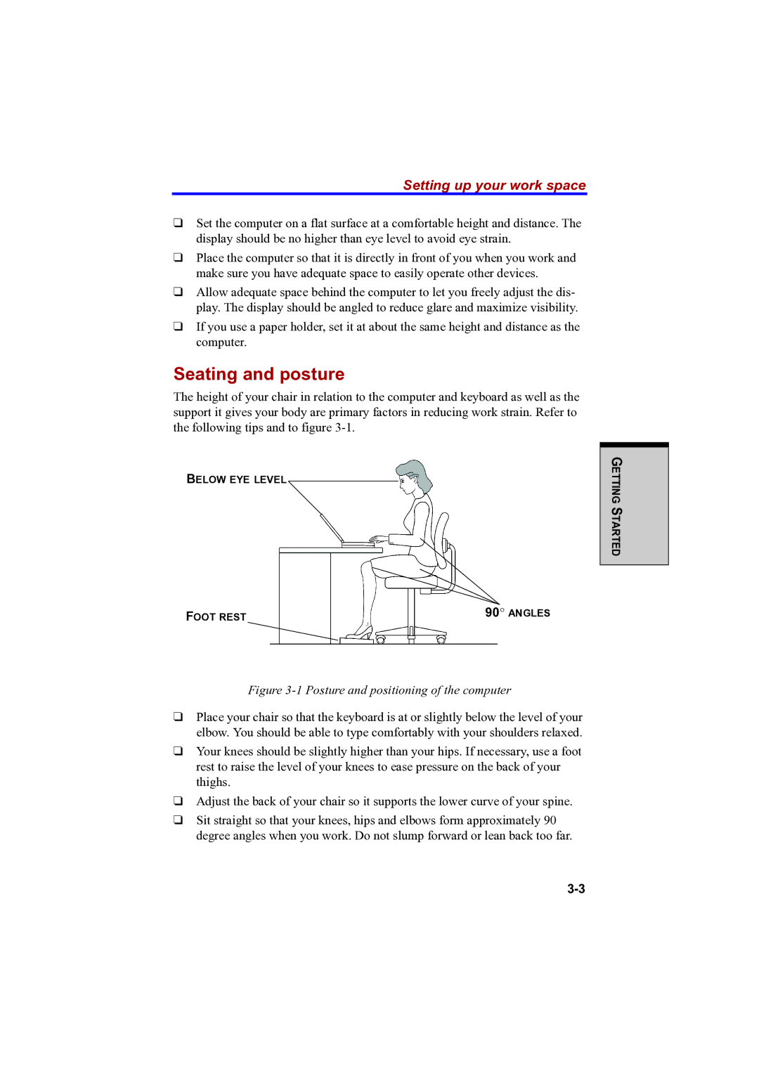 Toshiba A100 user manual Seating and posture, Setting up your work space 