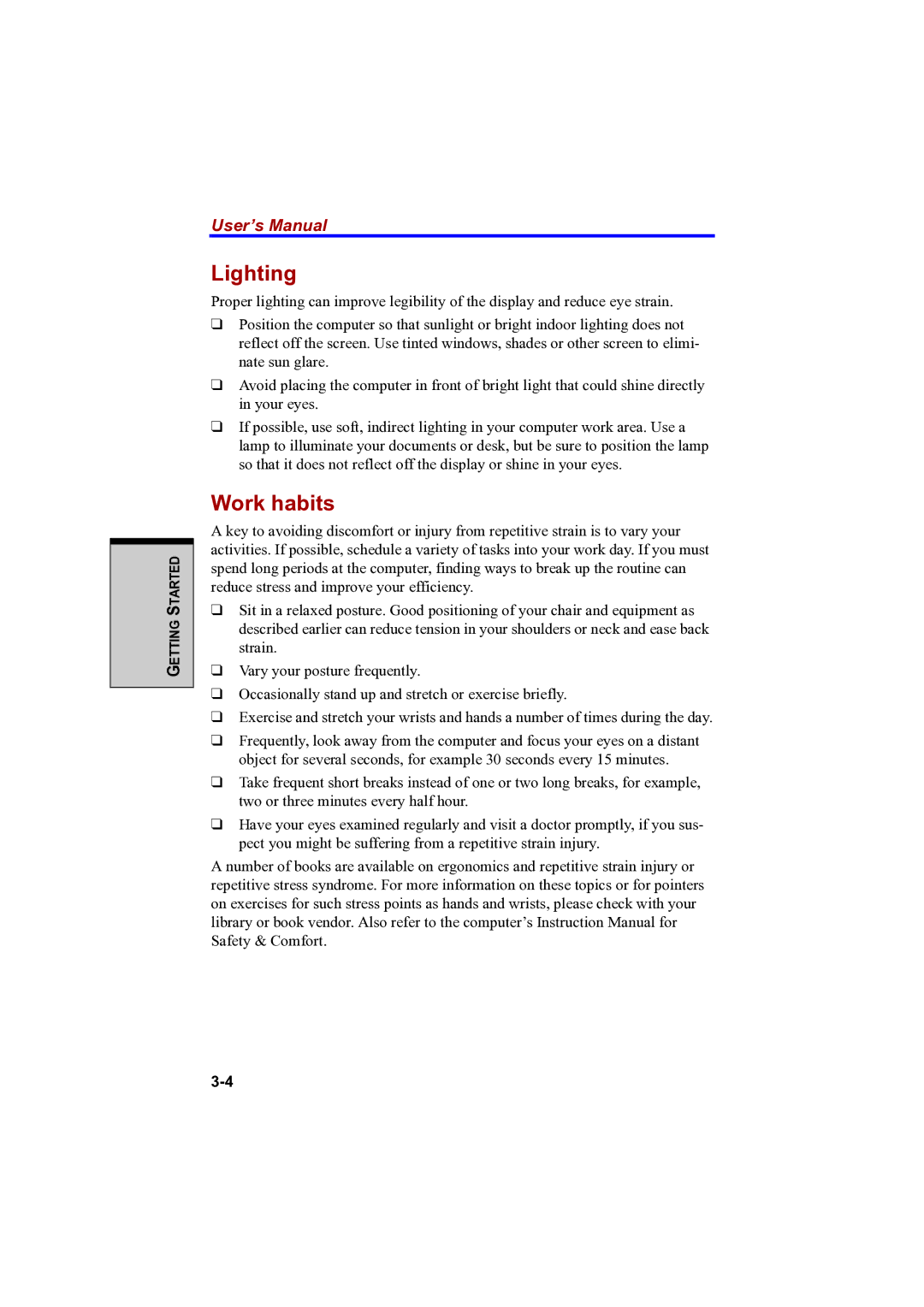 Toshiba A100 user manual Lighting, Work habits 