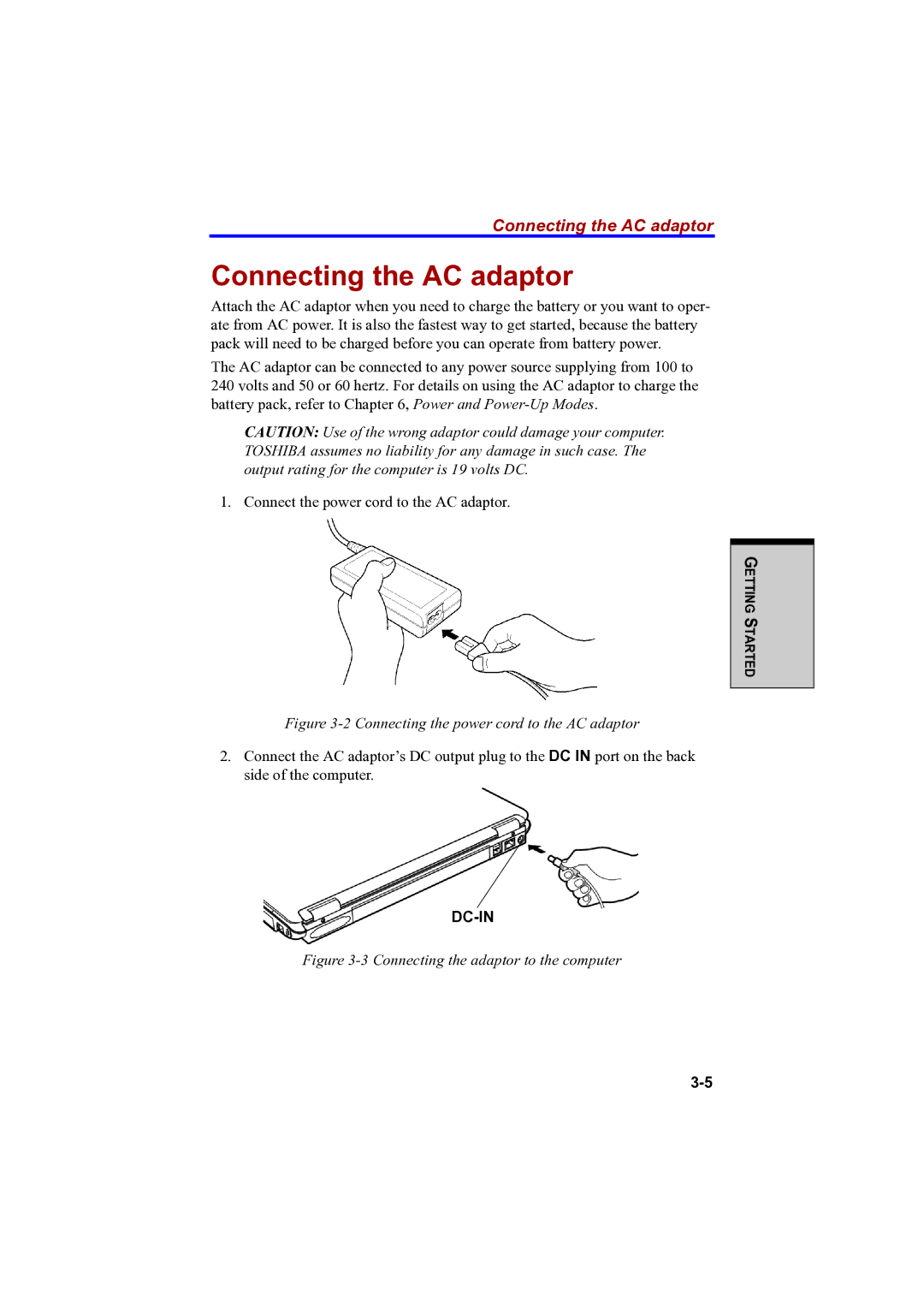 Toshiba A100 user manual Connecting the AC adaptor 