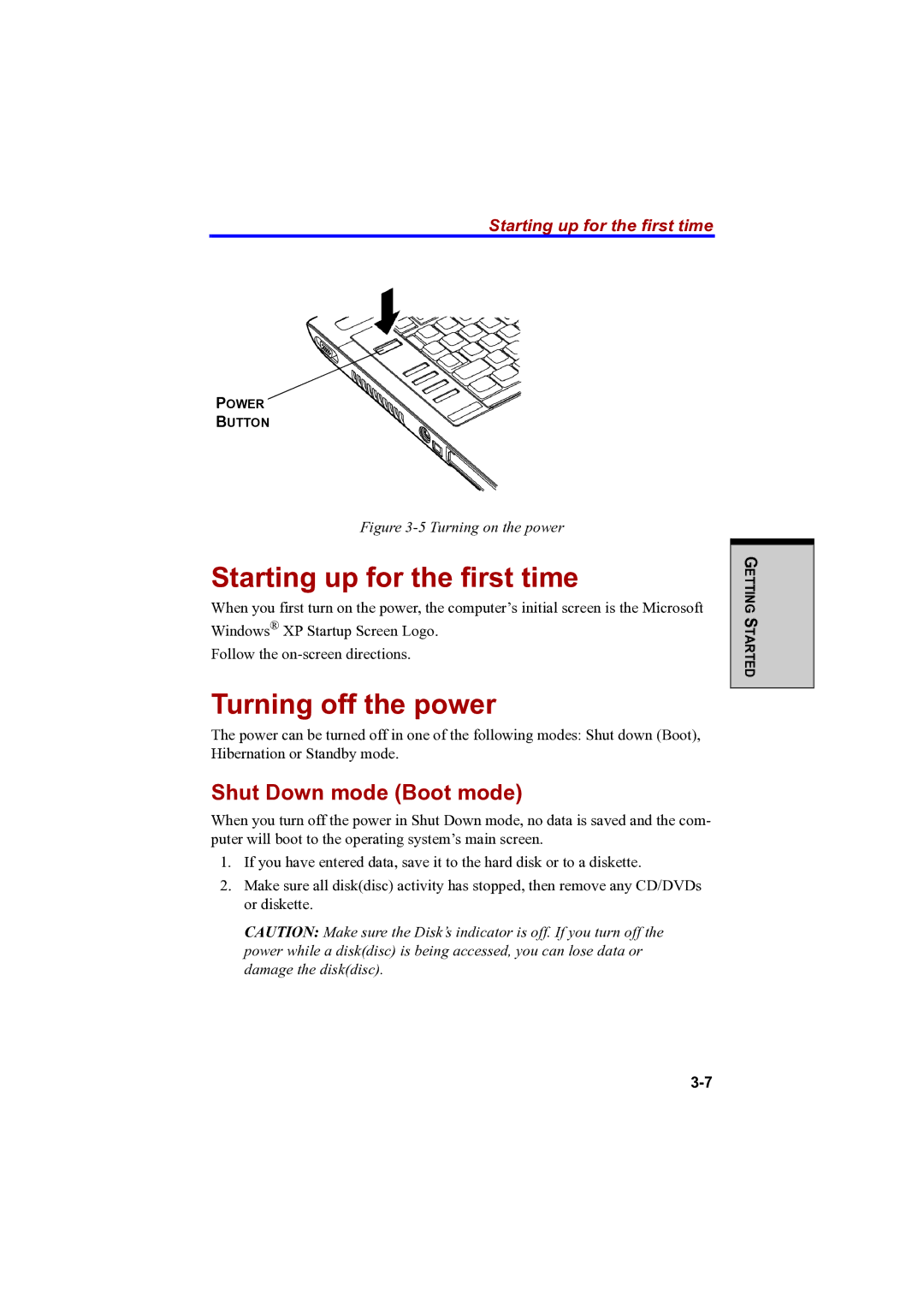 Toshiba A100 user manual Starting up for the first time, Turning off the power, Shut Down mode Boot mode 