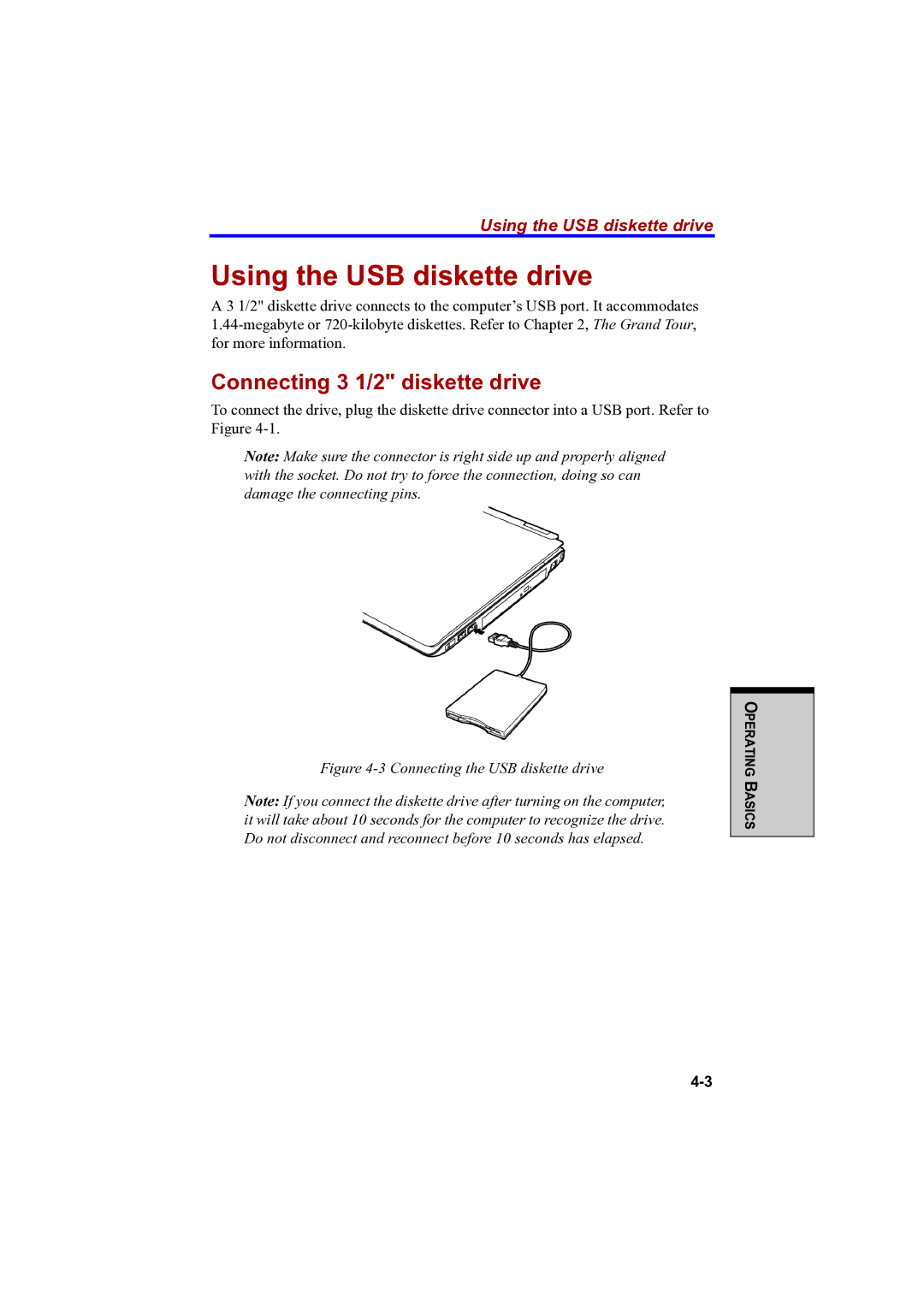 Toshiba A100 user manual Using the USB diskette drive, Connecting 3 1/2 diskette drive 