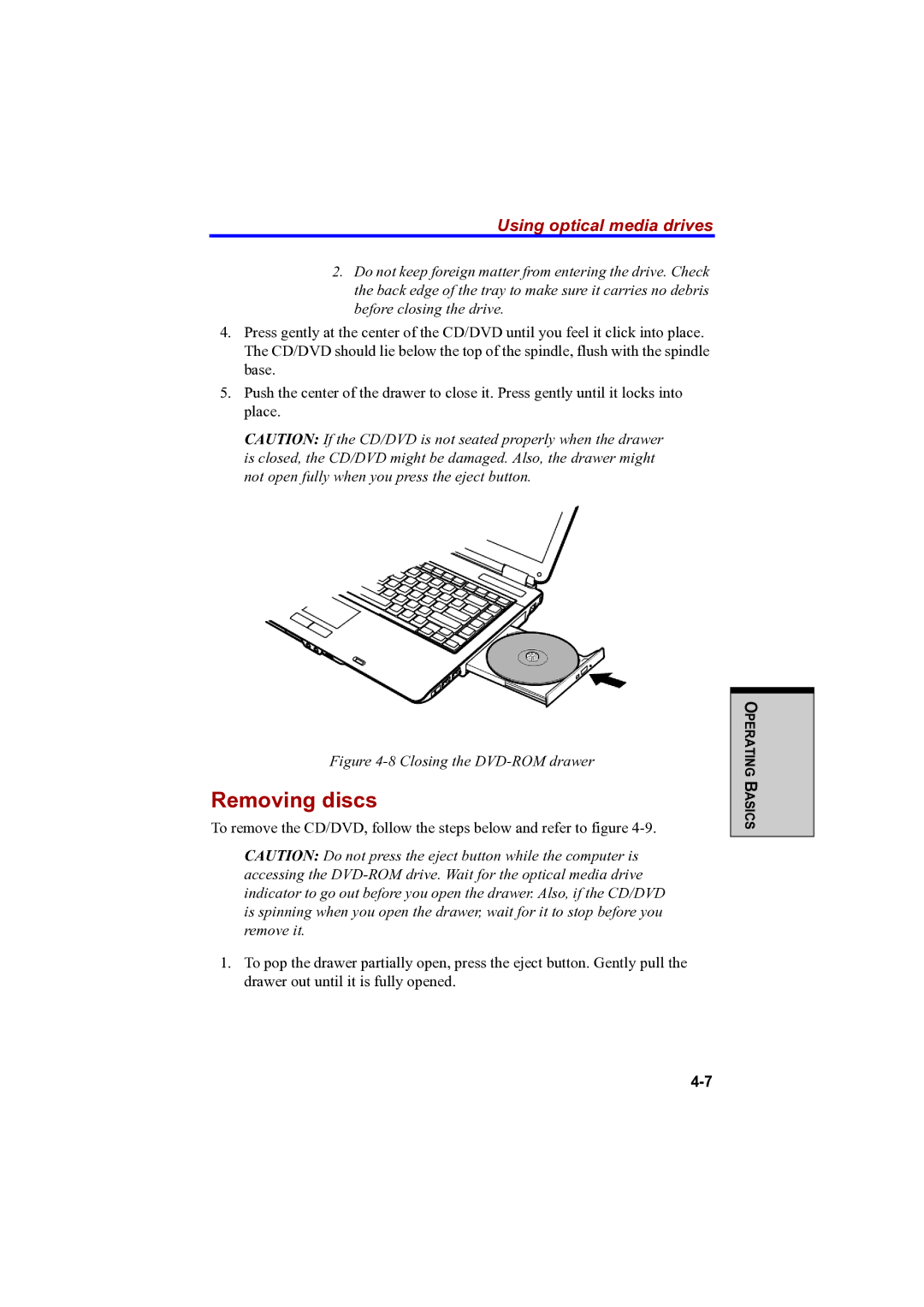 Toshiba A100 user manual Removing discs, Closing the DVD-ROM drawer 