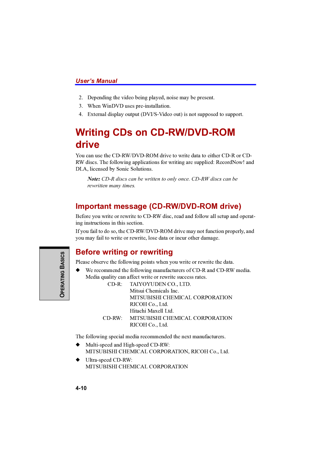 Toshiba A100 Writing CDs on CD-RW/DVD-ROM drive, Important message CD-RW/DVD-ROM drive, Before writing or rewriting 