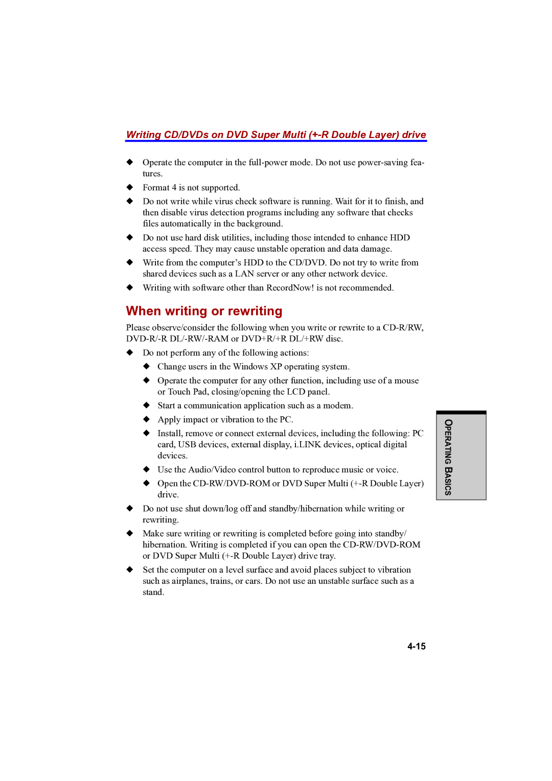 Toshiba A100 user manual When writing or rewriting 