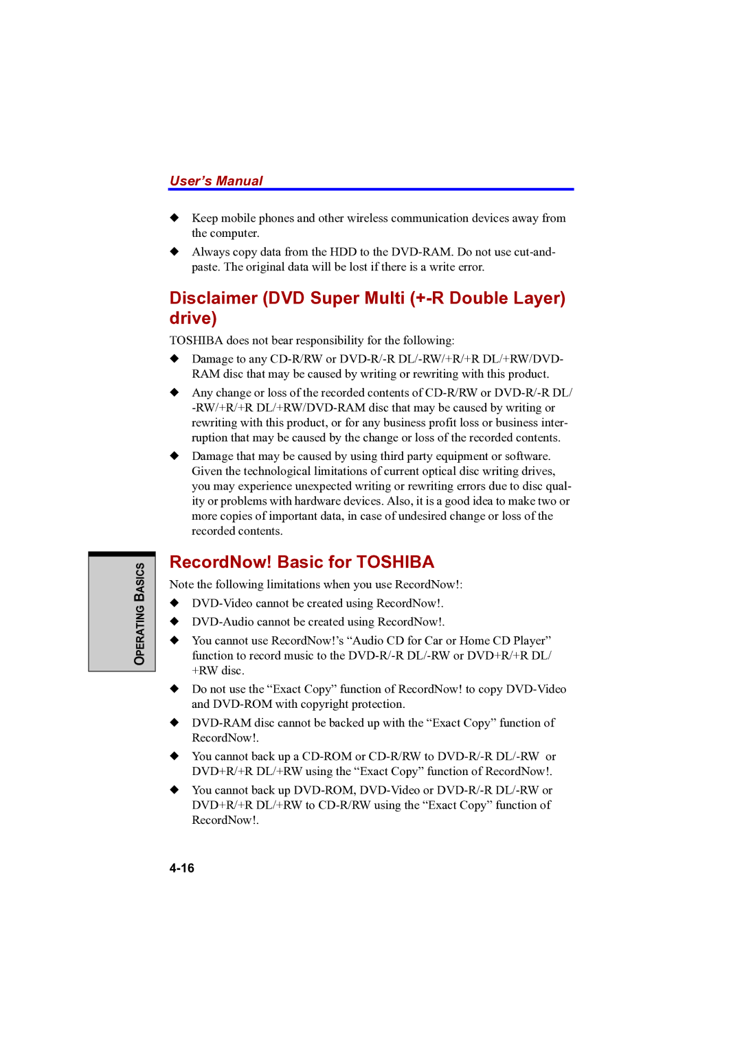 Toshiba A100 user manual Disclaimer DVD Super Multi +-R Double Layer drive, RecordNow! Basic for Toshiba 