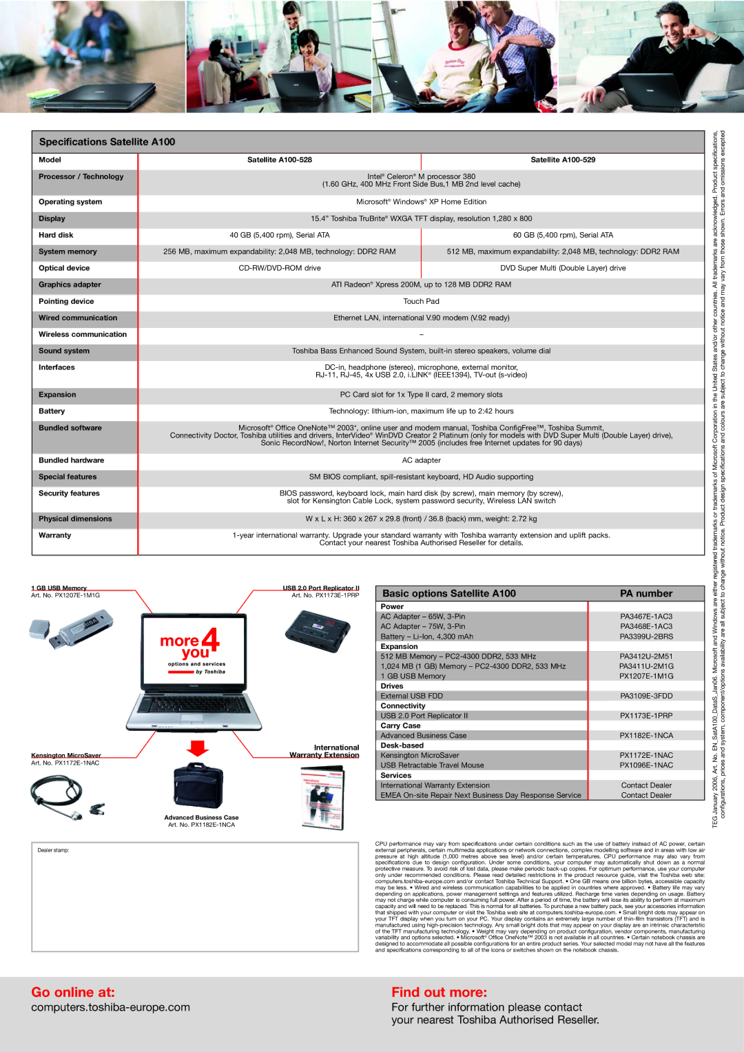 Toshiba manual Specifications Satellite A100, Basic options Satellite A100 PA number 