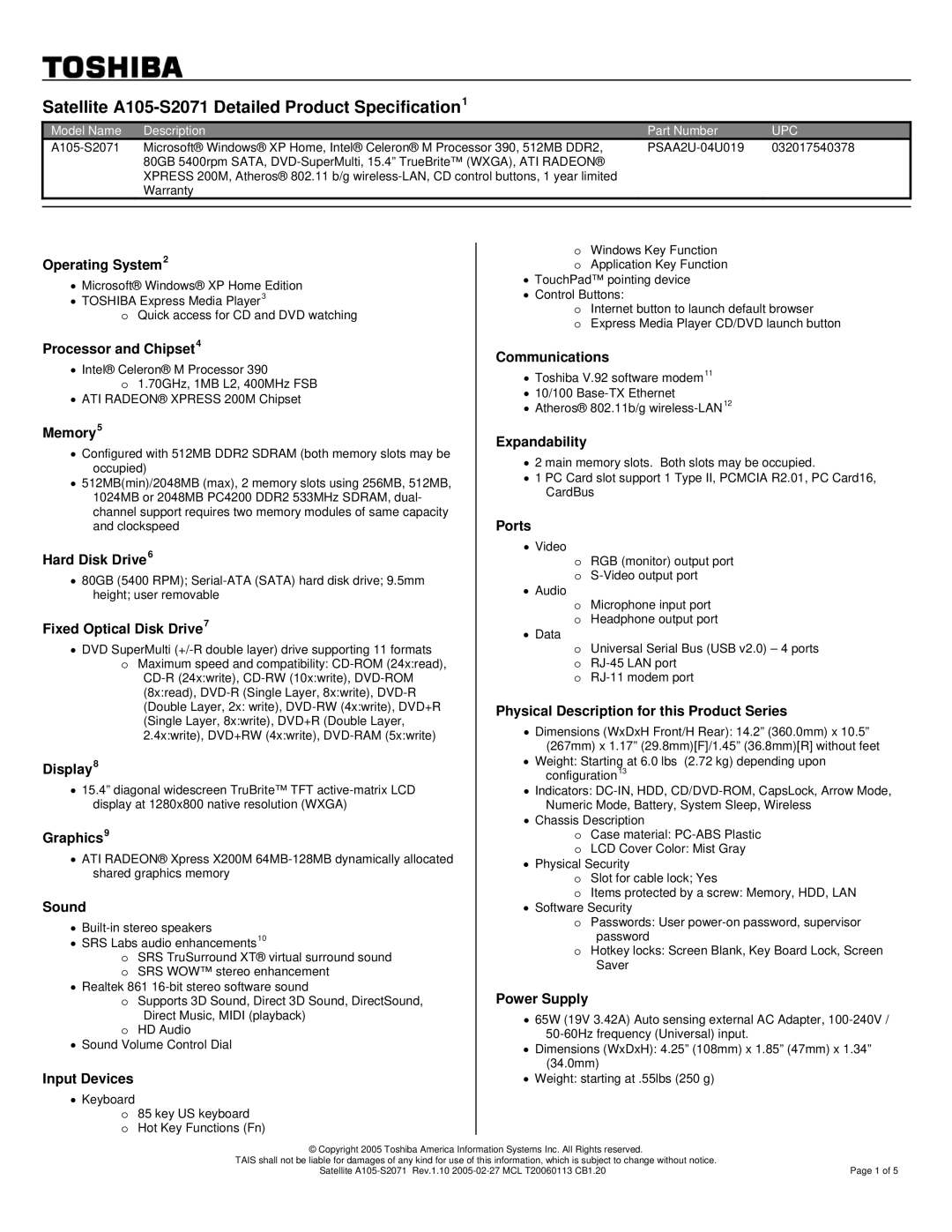 Toshiba warranty Satellite A105-S2071 Detailed Product Specification1, Upc 