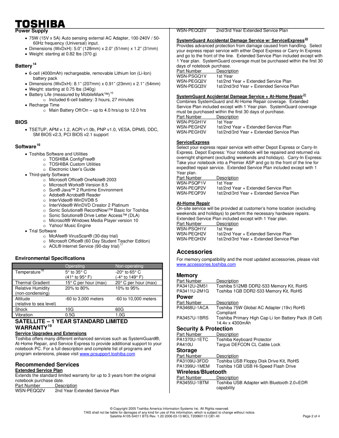 Toshiba A105-S4011 Accessories, Service Upgrades and Extensions, Extended Service Plan, ServiceExpress, At-Home Repair 