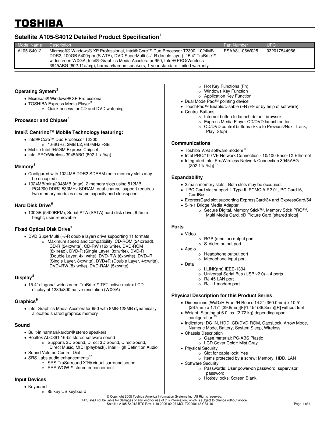 Toshiba warranty Satellite A105-S4012 Detailed Product Specification1, Upc 