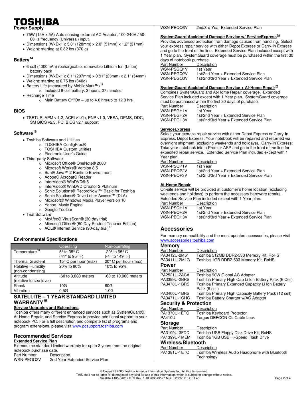 Toshiba A105-S4012 Accessories, Service Upgrades and Extensions, Extended Service Plan, ServiceExpress, At-Home Repair 