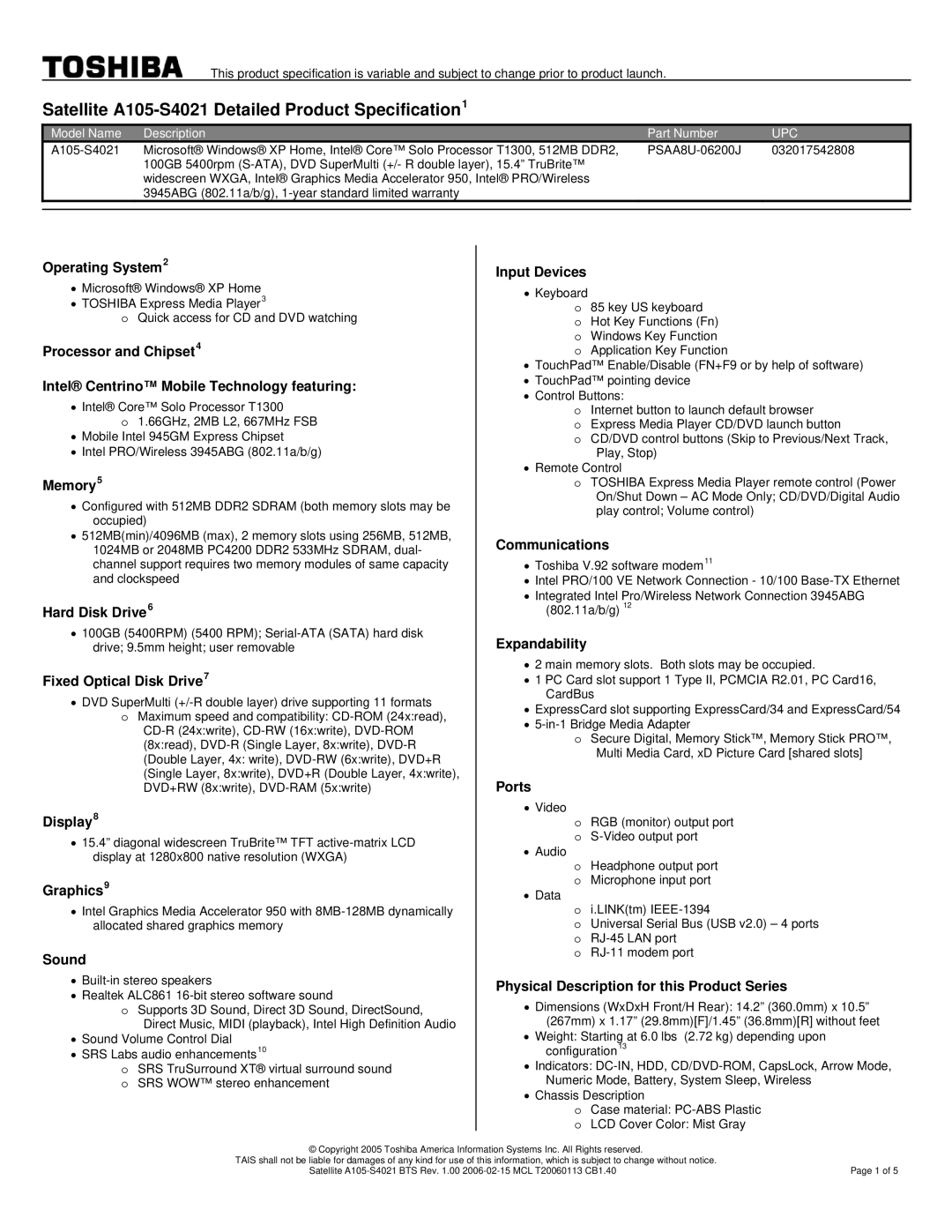 Toshiba warranty Satellite A105-S4021 Detailed Product Specification1, Upc 