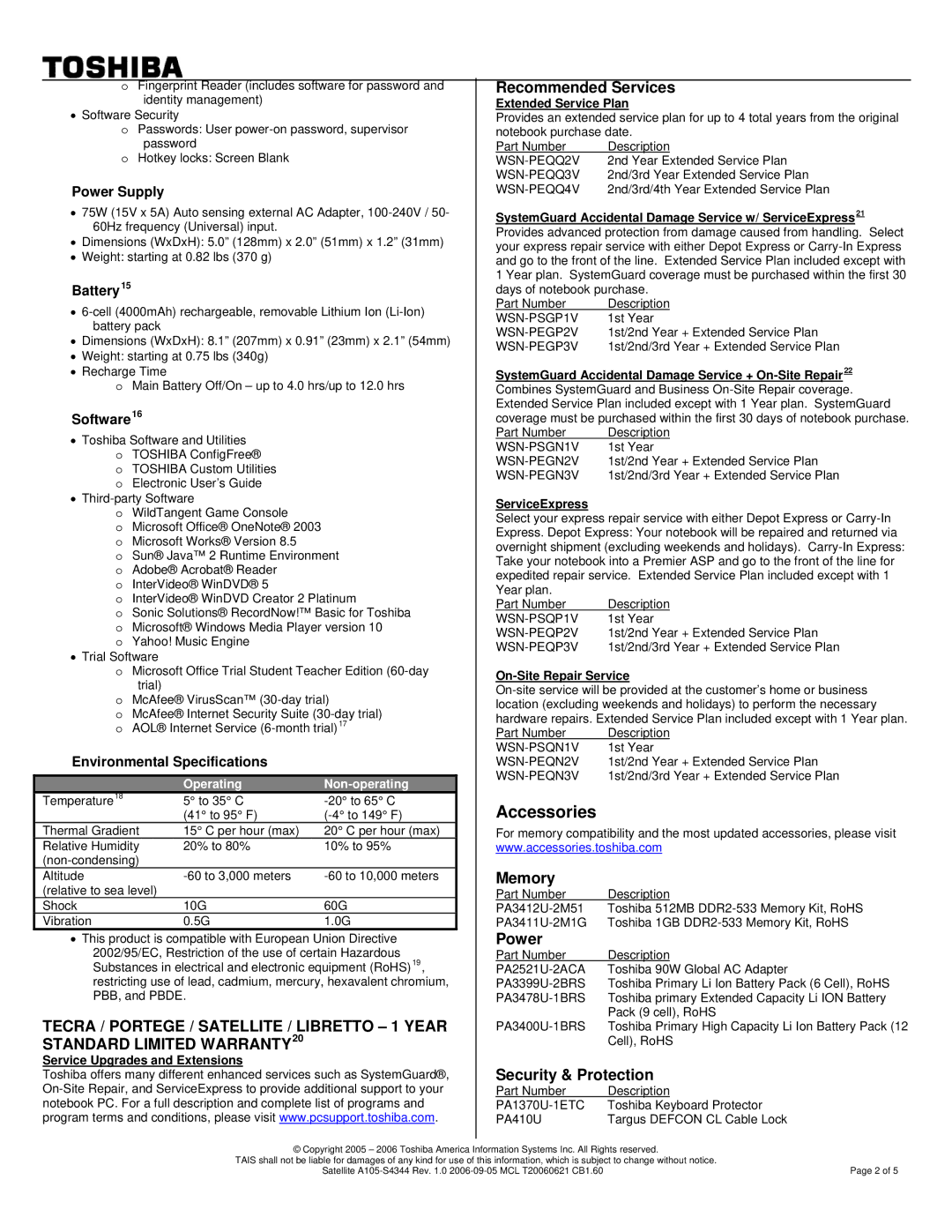 Toshiba A105-S4344 warranty Accessories, Service Upgrades and Extensions, Extended Service Plan, ServiceExpress 