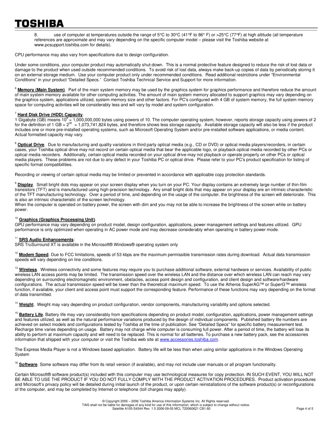 Toshiba A105-S4344 warranty Hard Disk Drive HDD Capacity, Graphics Graphics Processing Unit, SRS Audio Enhancements 