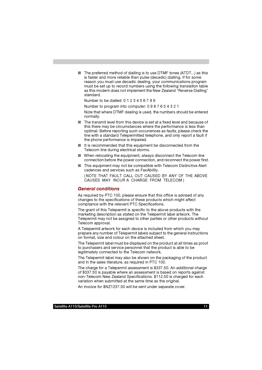 Toshiba A110 user manual General conditions 