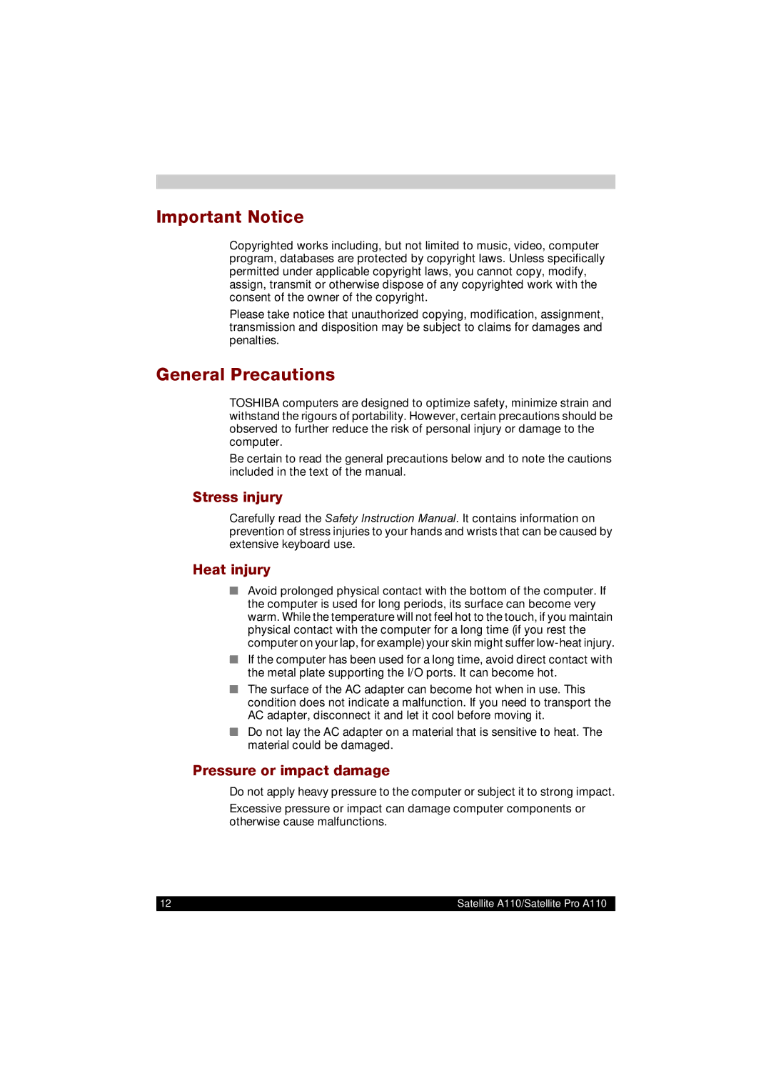 Toshiba A110 user manual Important Notice, General Precautions, Stress injury Heat injury, Pressure or impact damage 