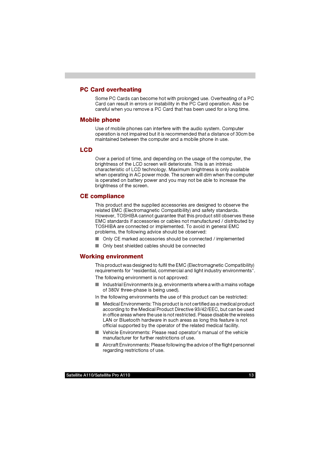 Toshiba A110 user manual PC Card overheating, Mobile phone, CE compliance, Working environment 