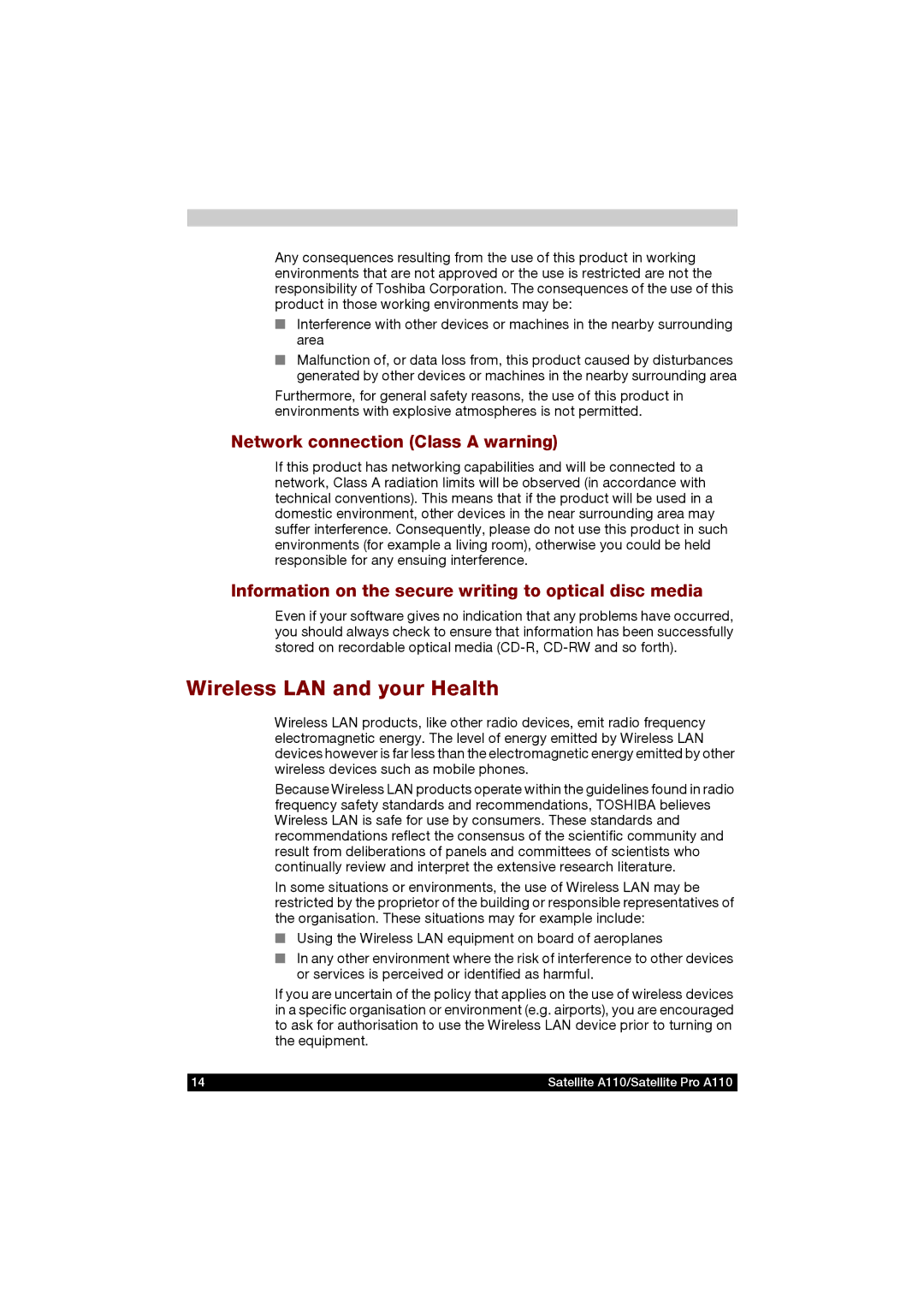 Toshiba A110 user manual Wireless LAN and your Health, Network connection Class a warning 