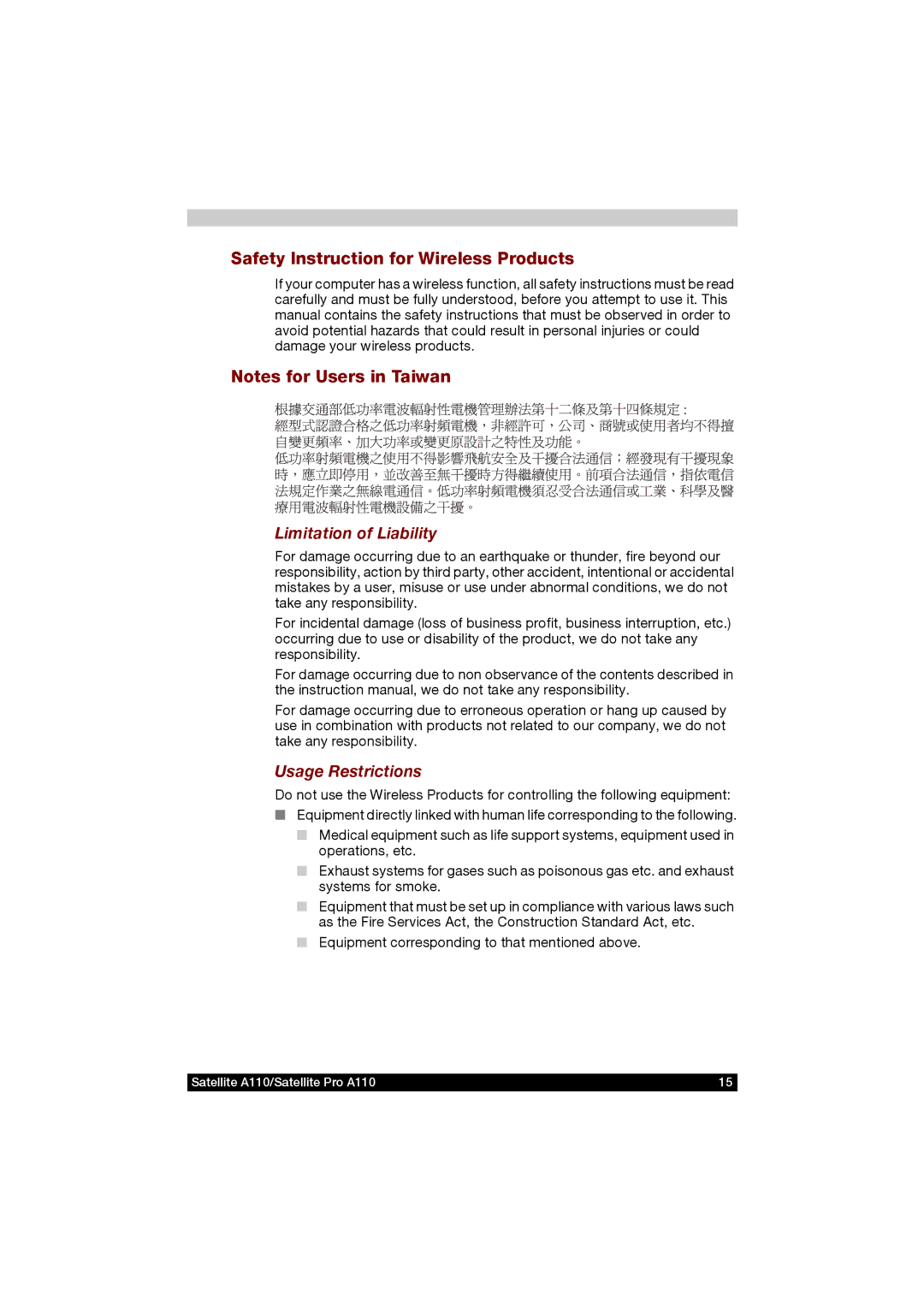 Toshiba A110 user manual Safety Instruction for Wireless Products, Limitation of Liability, Usage Restrictions 