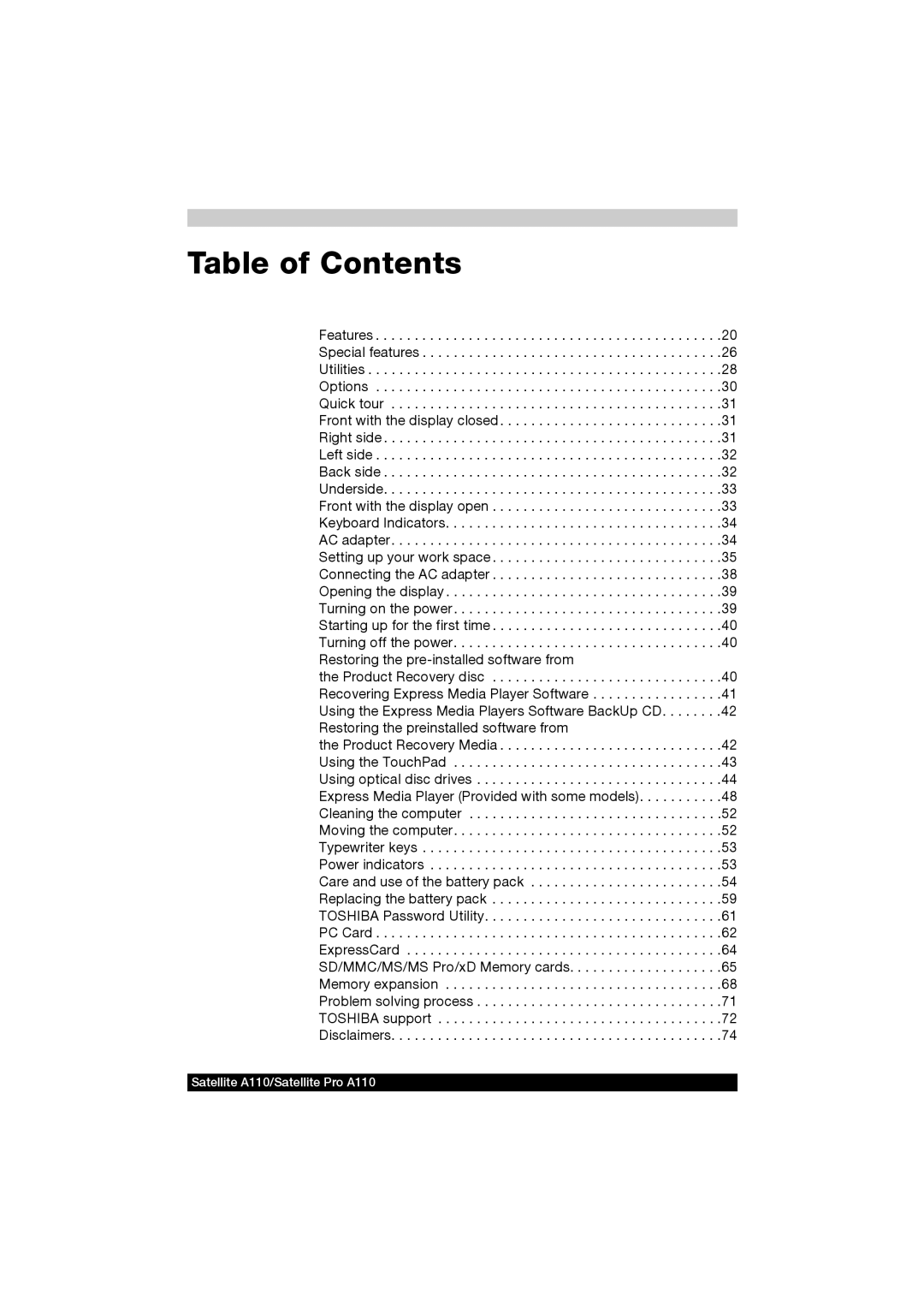 Toshiba A110 user manual Table of Contents 